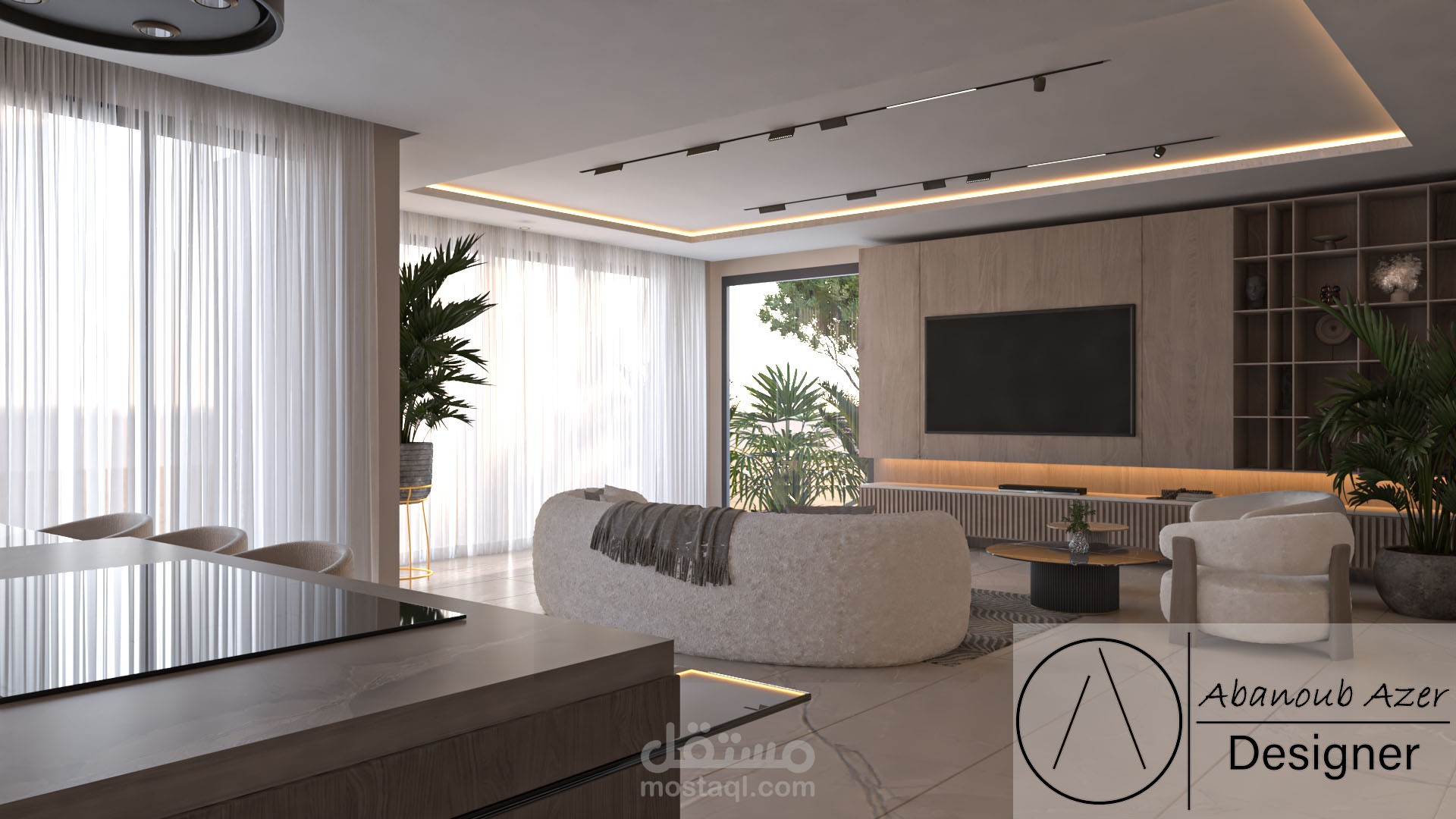 تصميم داخلي لريسبشن و مطبخ مفتوح