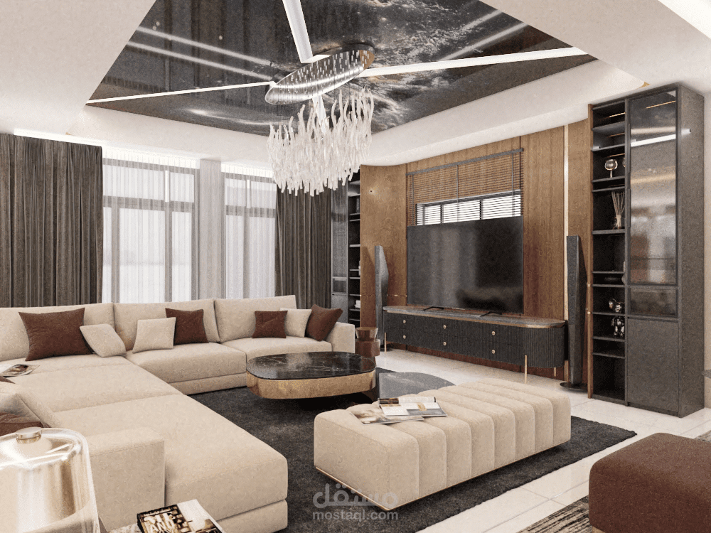 تصميم داخلي لغرفة معيشة بأسلوب فاخر معاصر (Modern Luxury)