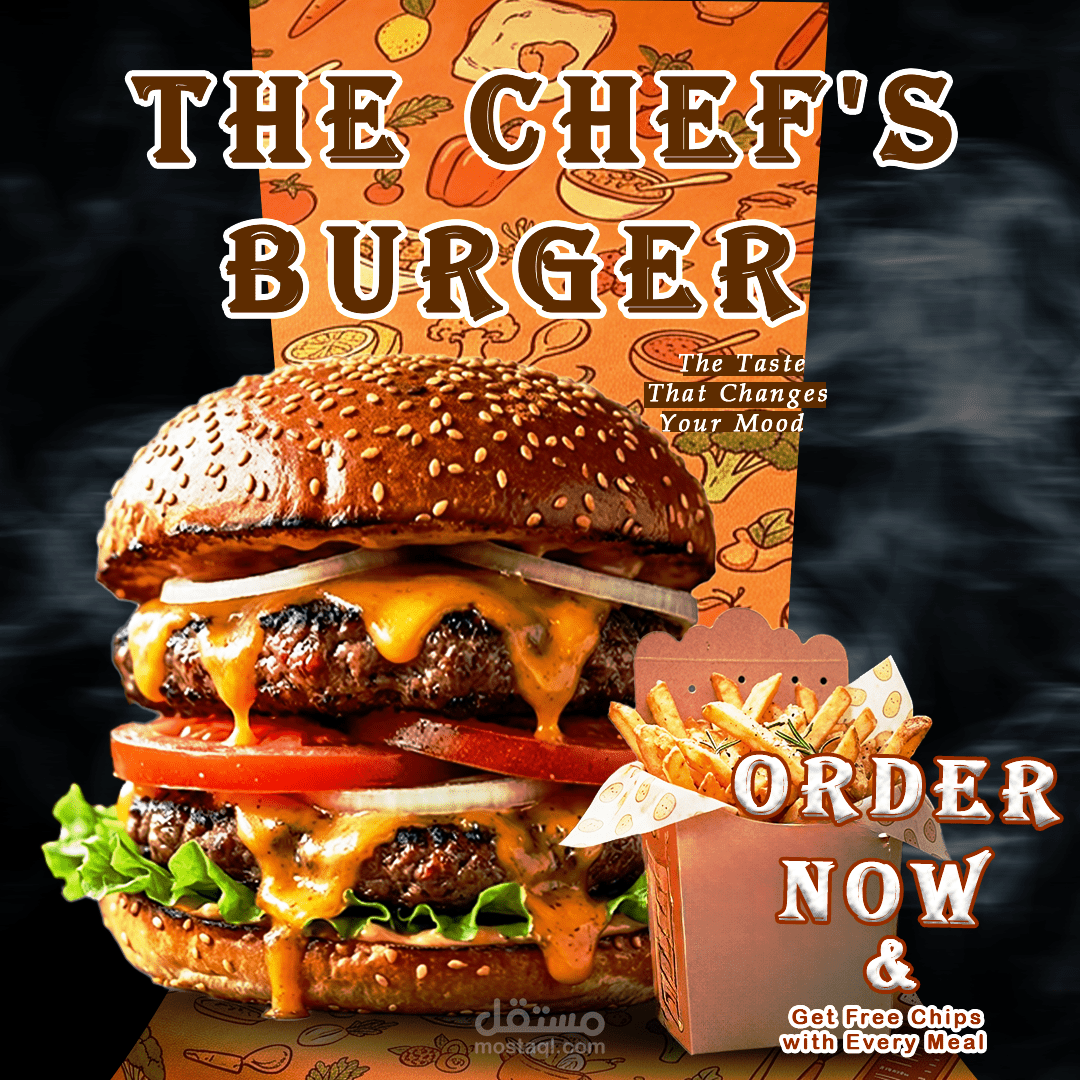 تصميم إعلان مبتكر (Social Media Poster) لـ "The Chef's Burger" (عصري).
