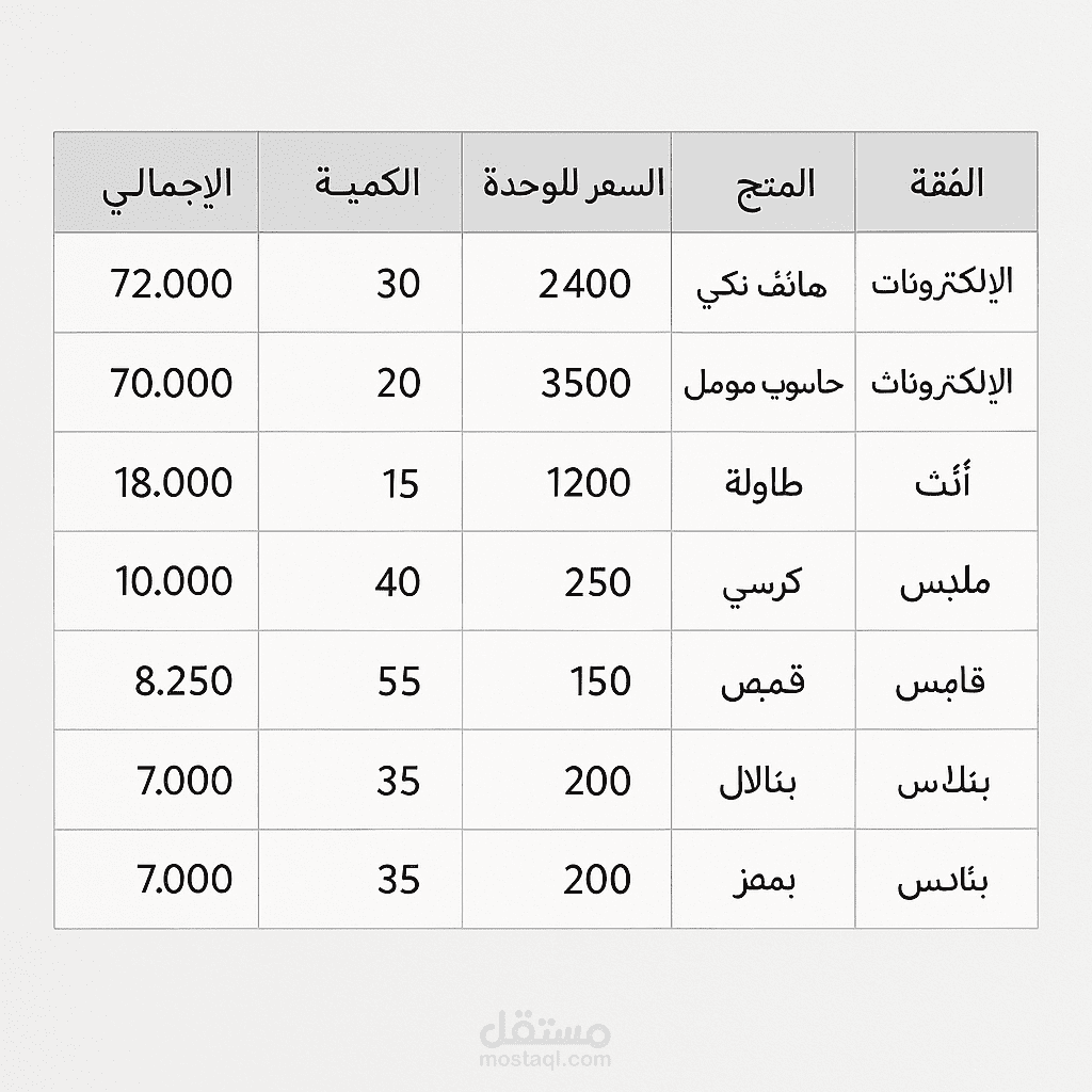 جدول اكسل منظم و مميز