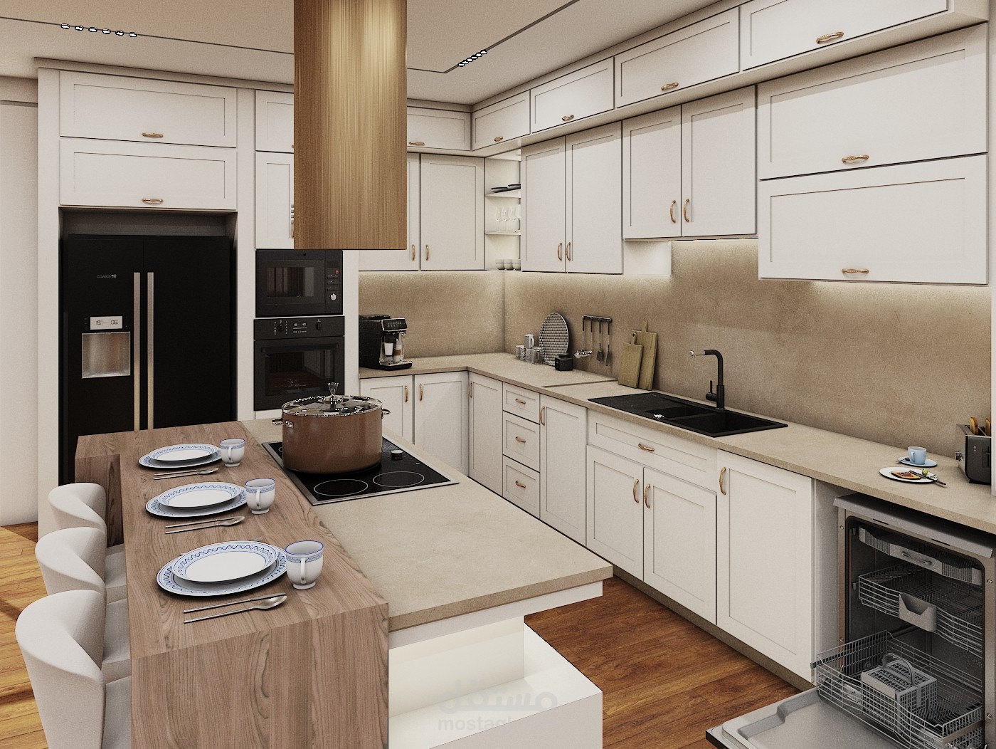 تصميم داخلي لمطبخ ومنطقة معيشة