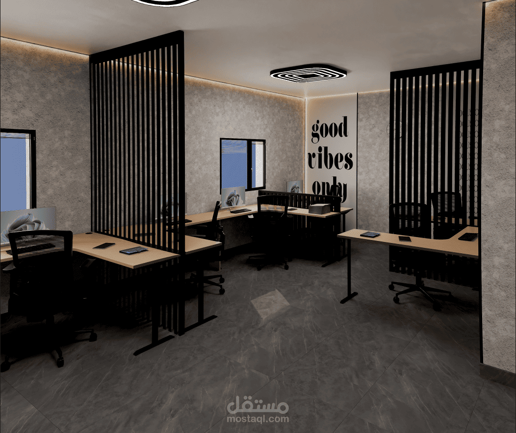 تصميم داخلي و3D Render لمكتب عصري بمساحة 80 متر²