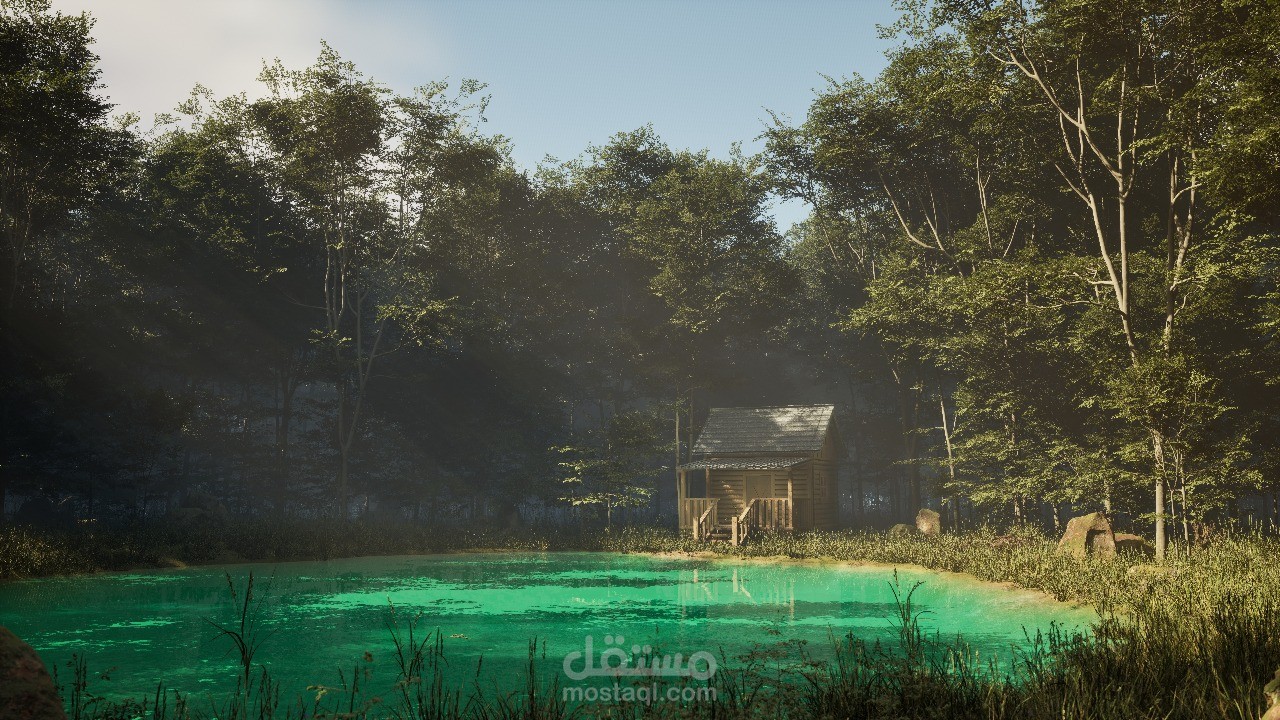مشهد بيئة forest cabin وسط الطبيعة باستخدام Unreal Engine