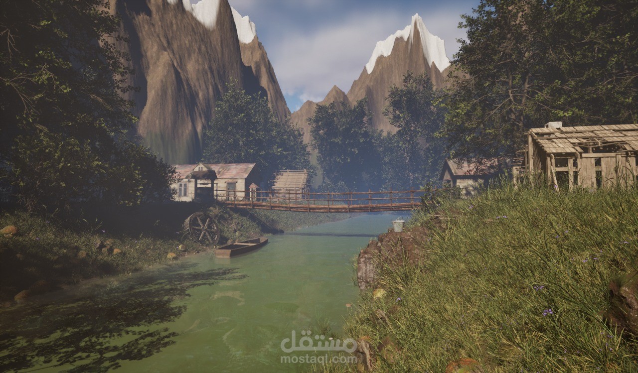تصميم قرية نهرية جبلية بجسر خشبي – مشهد طبيعي باستخدام Unreal Engine