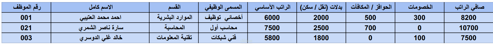 جدول  بينات رواتب الموظفين الشهرية