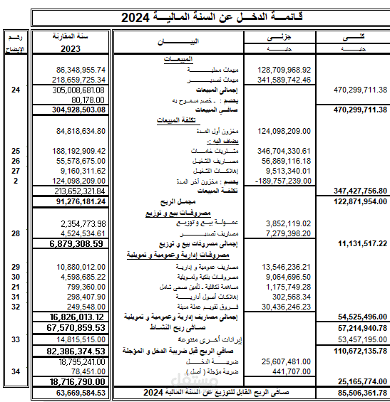 قوائم مالية لشركة مساهمة مصرية لعام المالي 2024