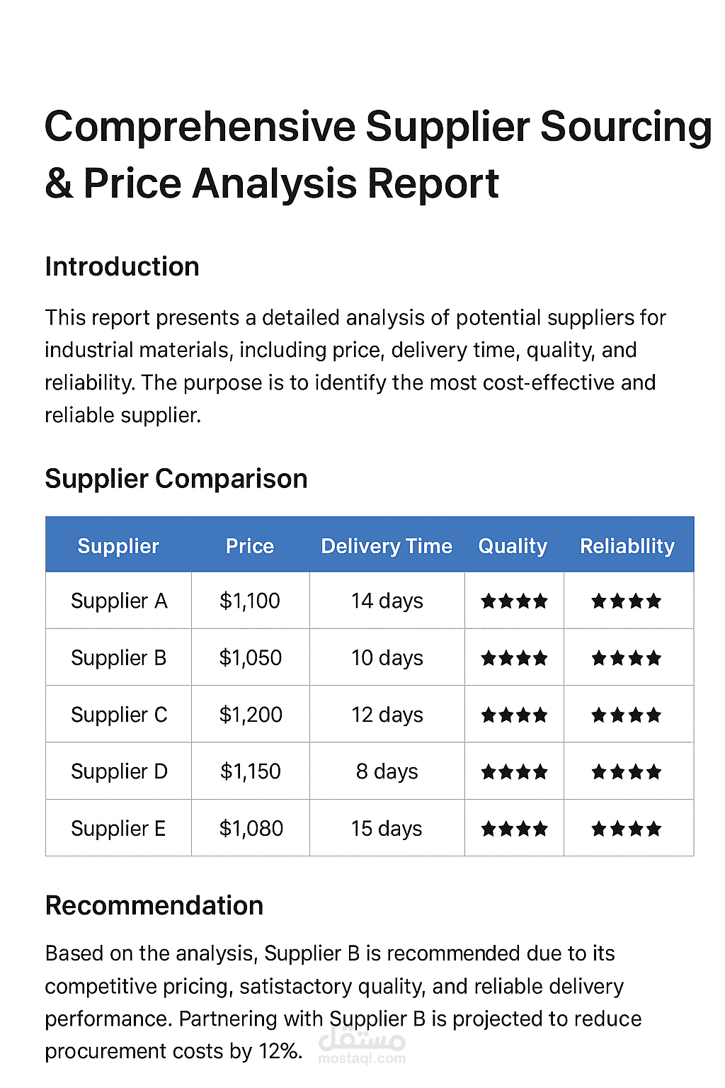 Comprehensive Supplier Sourcing & Price Analysis Report
