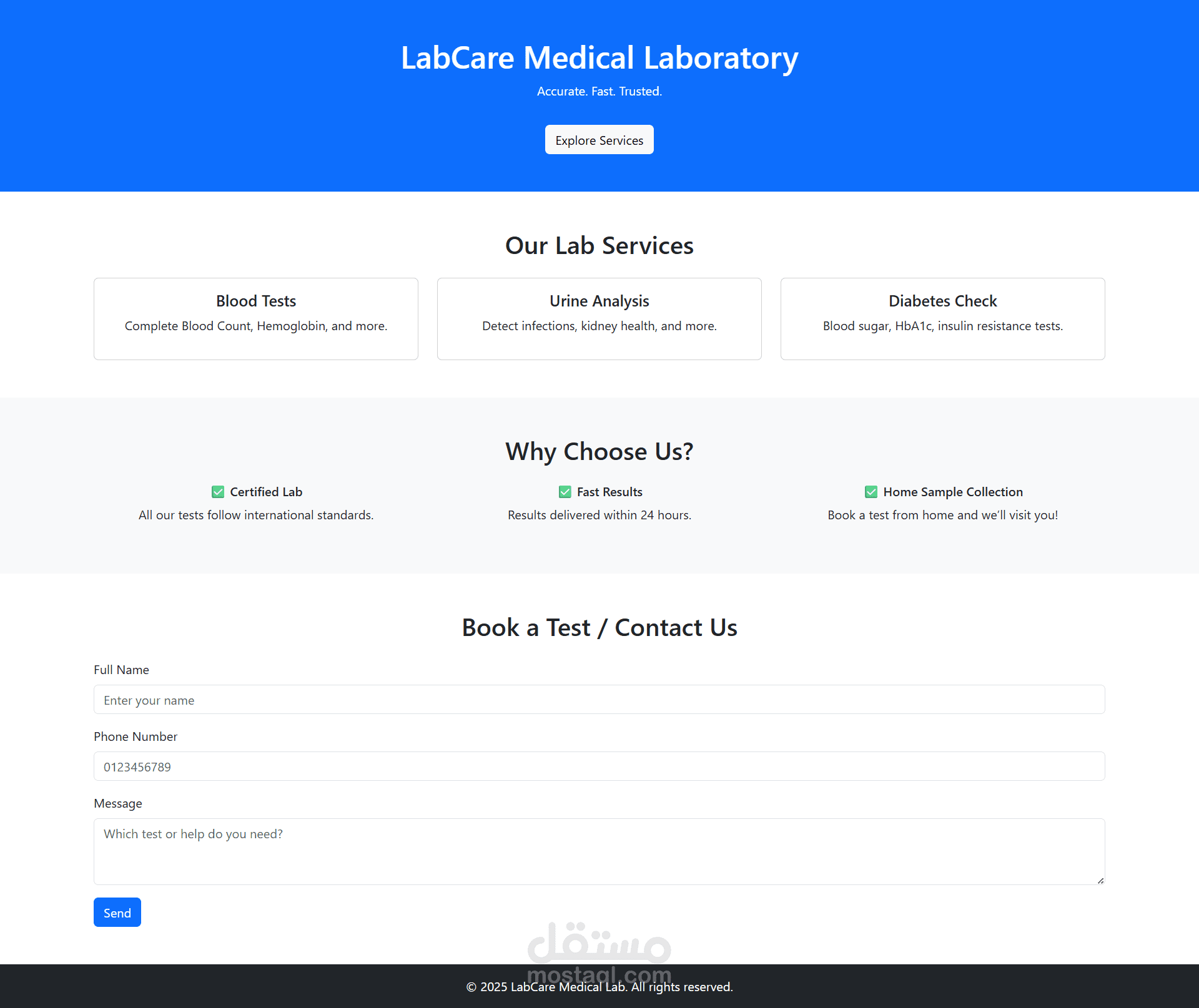 انشاء landing page لمعمل تحاليل طبية بتصميم متجاوب