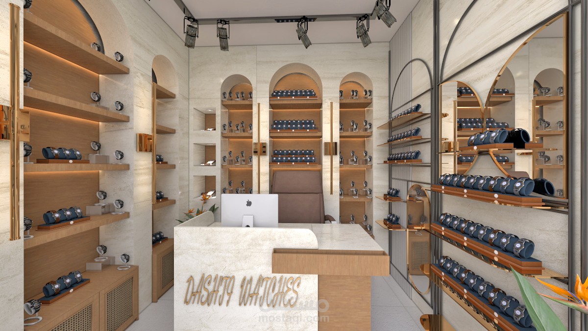 تصميم داخلي لمعرض ساعات بستايل صناعي