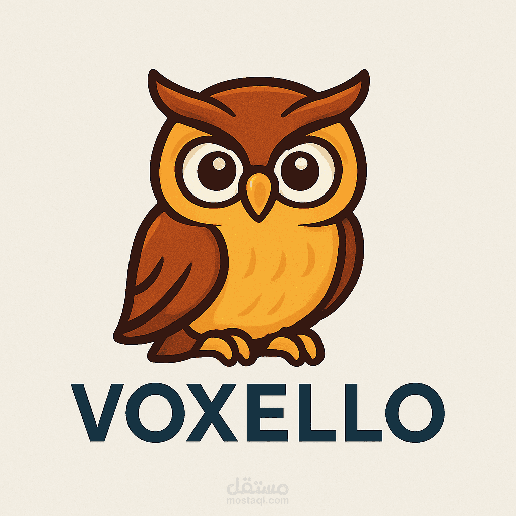 شعار ماسكوت كرتوني مميز باسم VOXELLO – بومة ذكية ترمز للإبداع