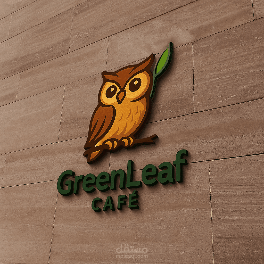 شعار GreenLeaf Café بتصميم عصري على الواجهة – هوية مقهى مميزة