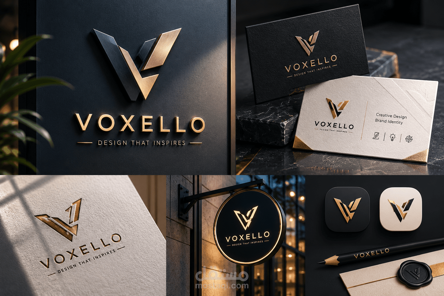 هوية بصرية فاخرة لعلامة VOXELLO — تصميم احترافي يعكس الثقة والتميز