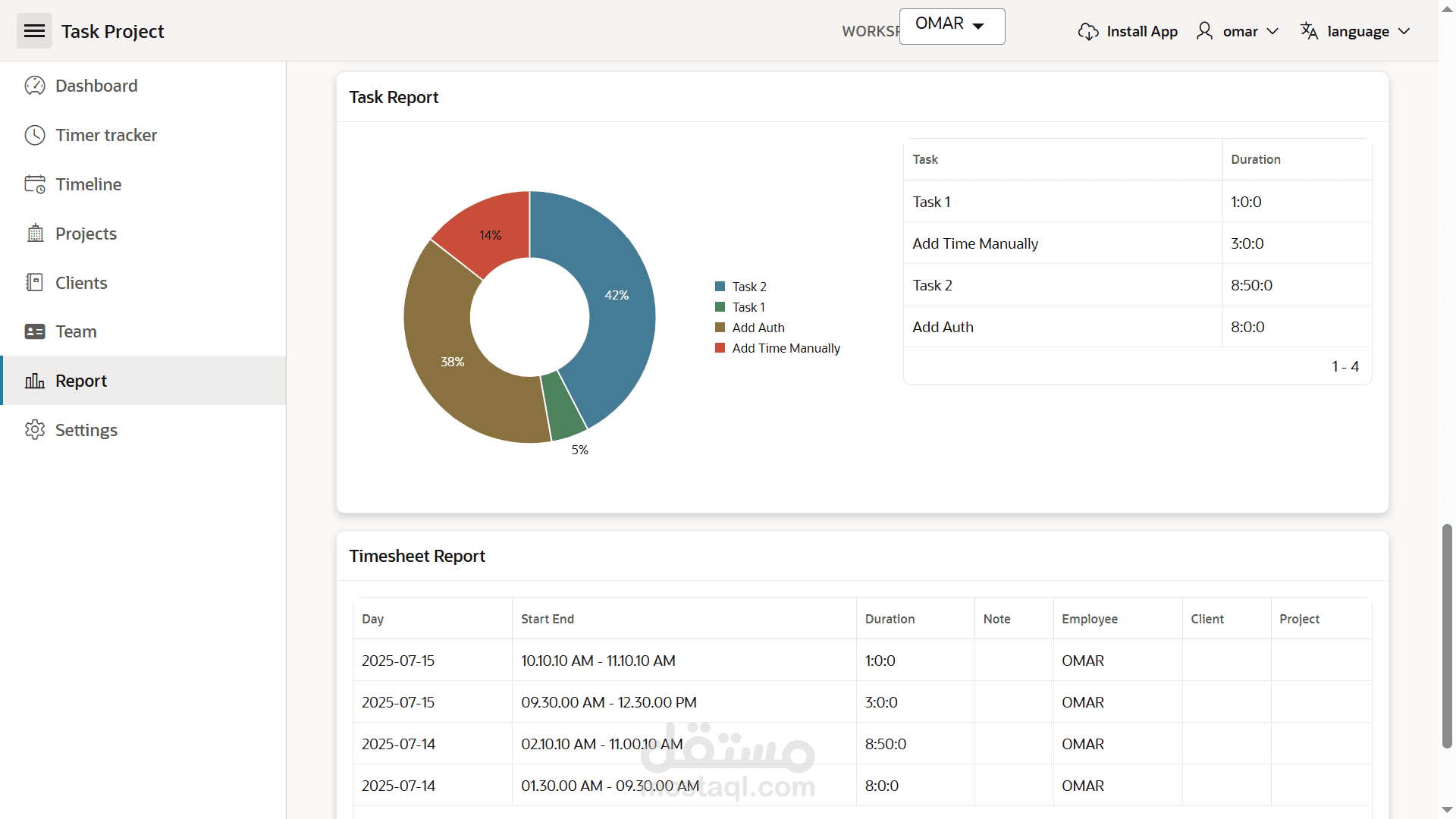 تطبيق ويب full-stack لتتبع الوقت وإدارة المهام والمشاريع