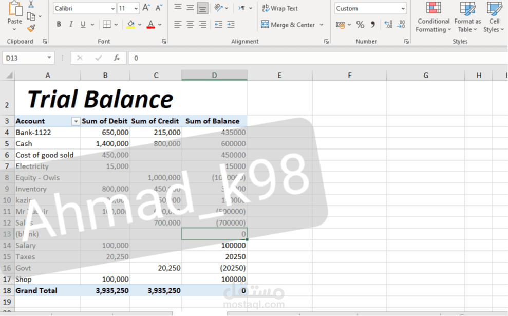 اعداد ميزان المراجعة Trial Balance على ملف Excel