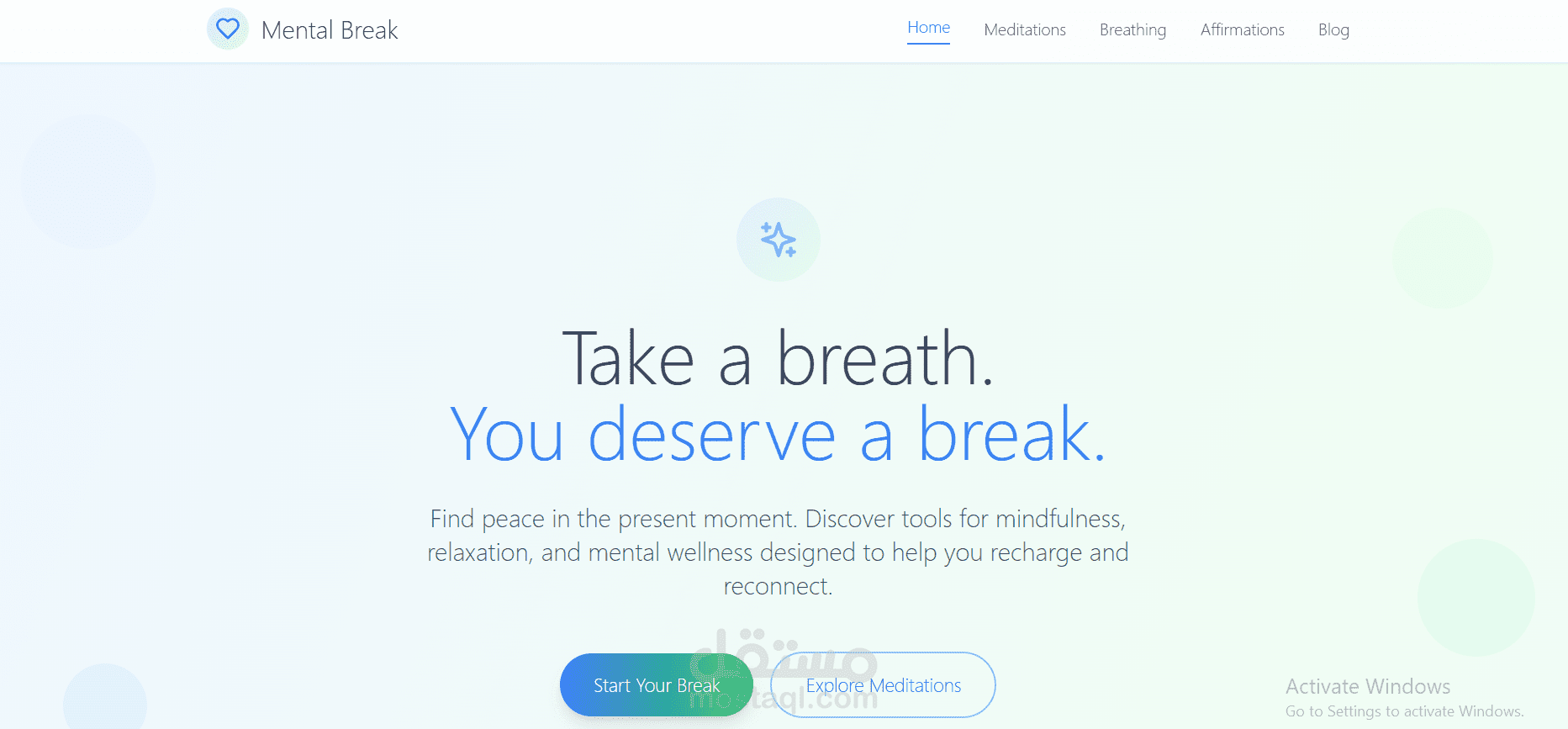 تصميم موقع إلكتروني بسيط وهادئ لمشروع Mental Break للصحة النفسية