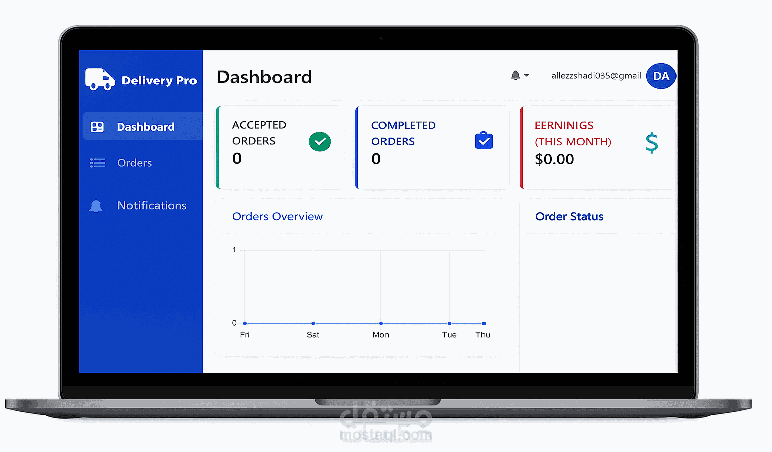 صفحة داشبورد كاملة لأصحاب التوصيل (الدليفري)