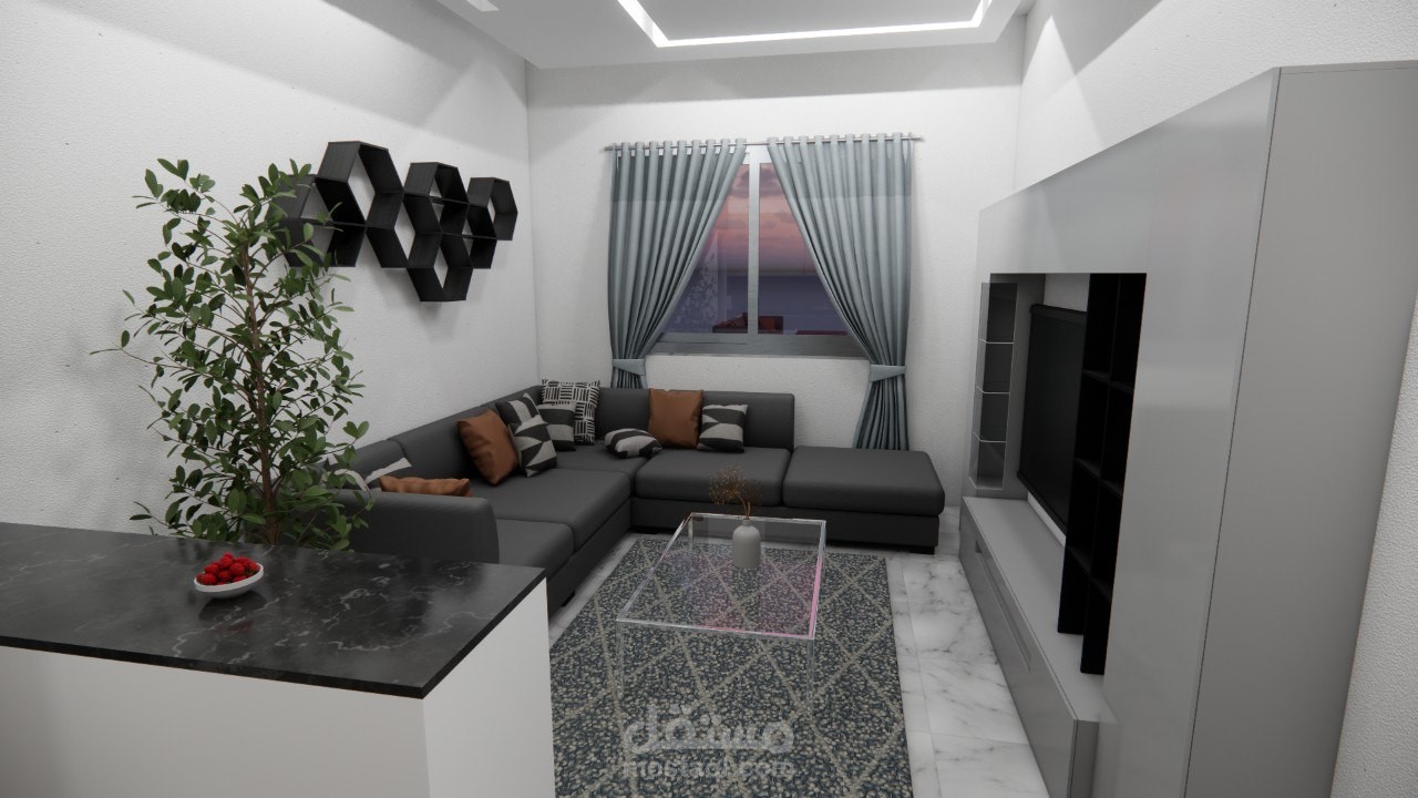 العنوان: تصميم داخلي حديث لغرفة معيشة صغيرة