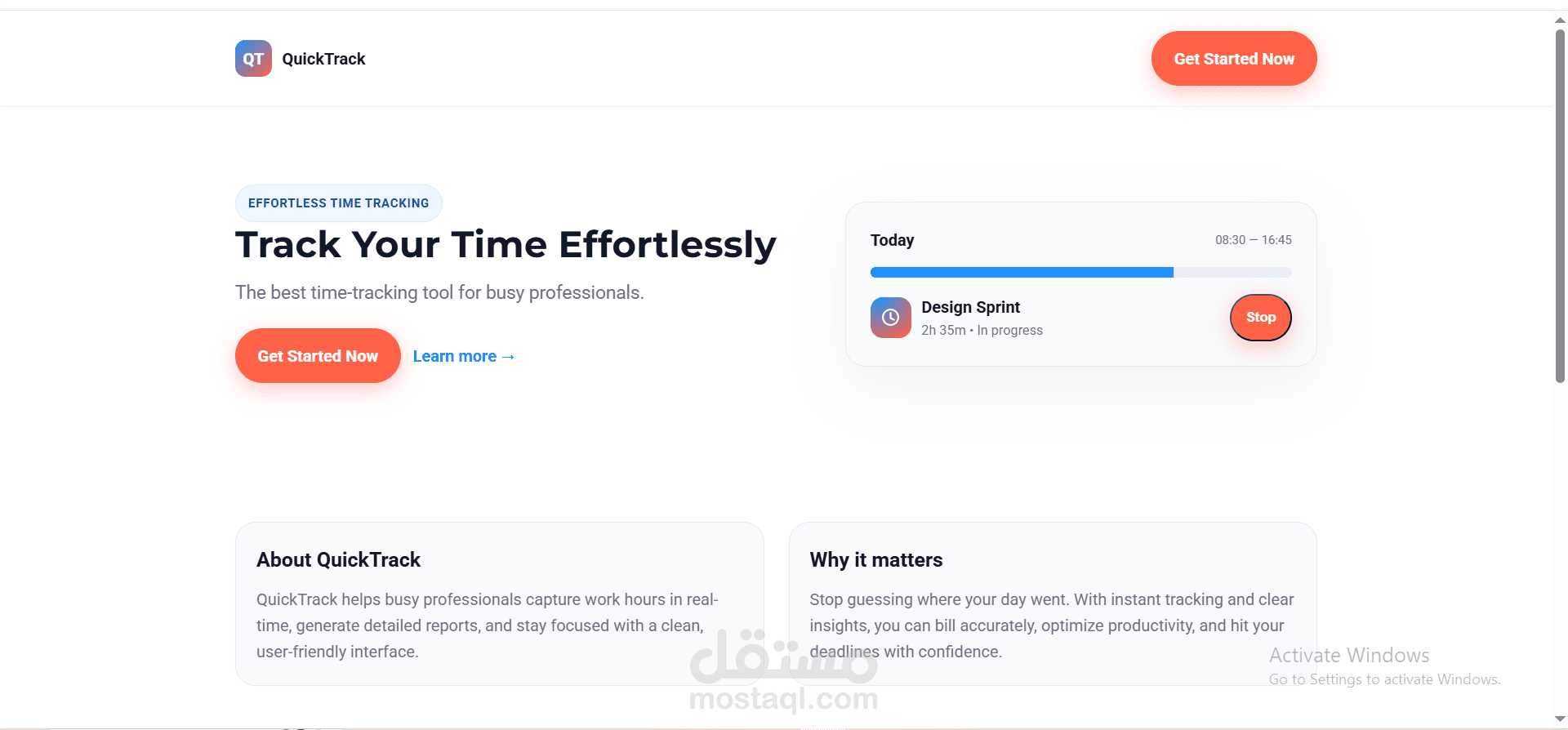 تصميم صفحة هبوط متجاوبة لتطبيق تتبع الوقت "QuickTrack"