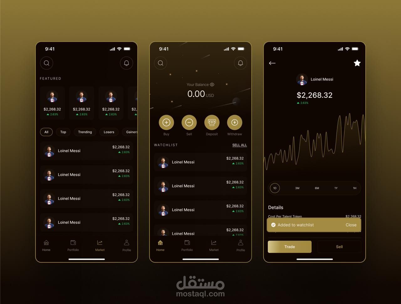 تطبيق تداول رقمي بواجهة مستخدم داكنة أنيقة – UI Design
