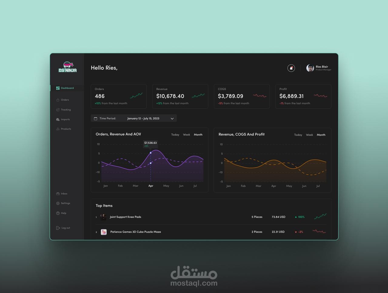 تصميم احترافي للوحة تحكم (Dashboard) بإحصائيات تفاعلية – UI Design