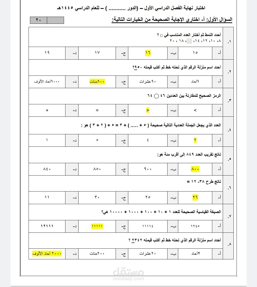 نماذج إجابة الاختبار
