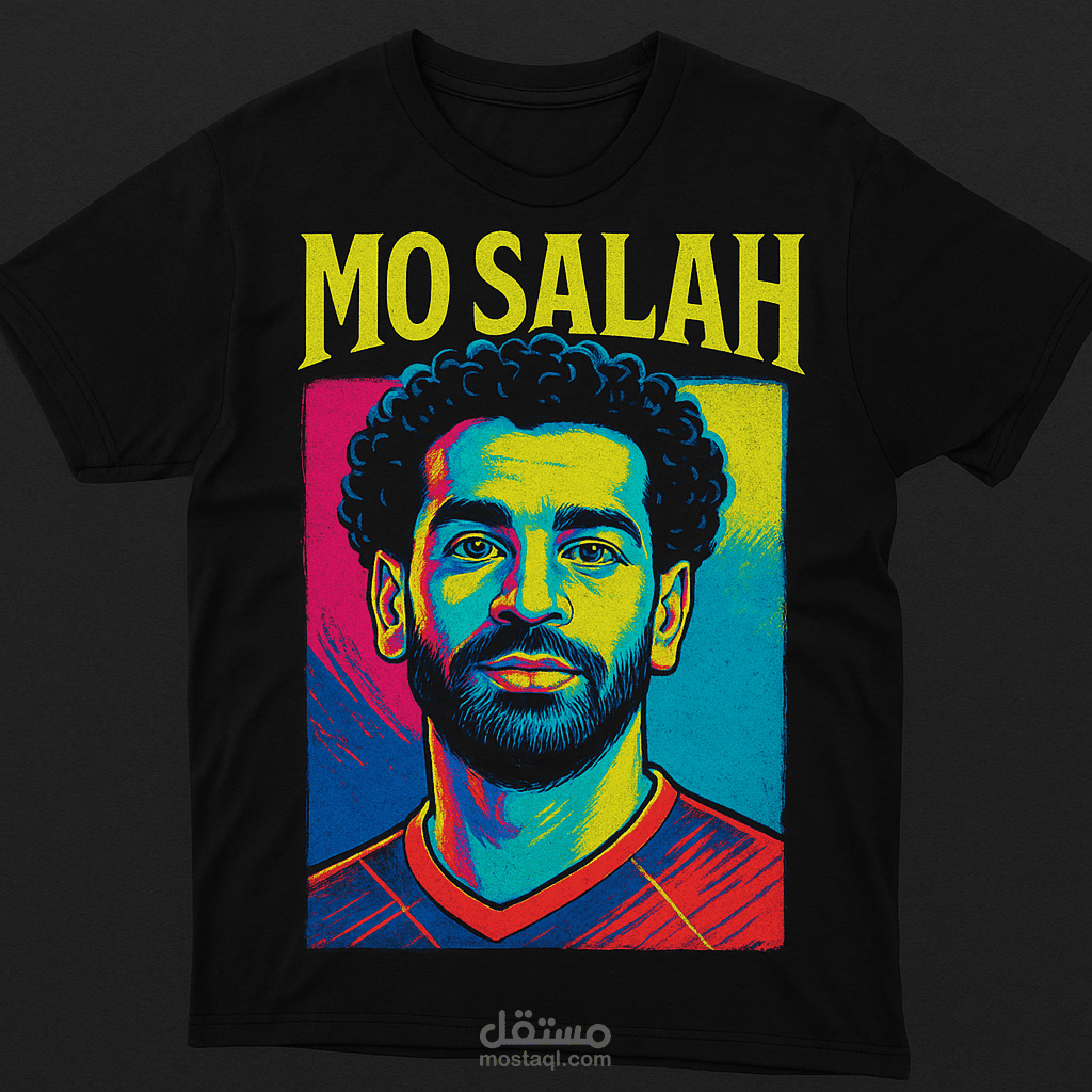 "Mo Salah Pop Art Tee – تصميم تيشيرت فني بألوان زاهية لنجم كرة القدم محمد صلاح"