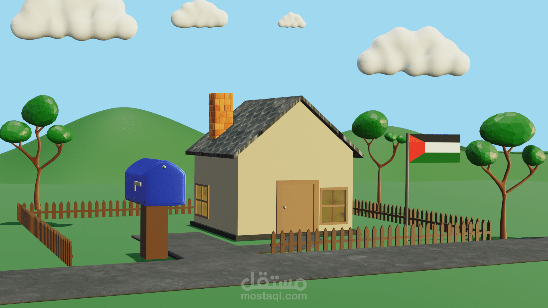 تصميم مشهد ثلاثي الأبعاد بأسلوب Low Poly لبيت وعناصر محيطة باستخدام Blender