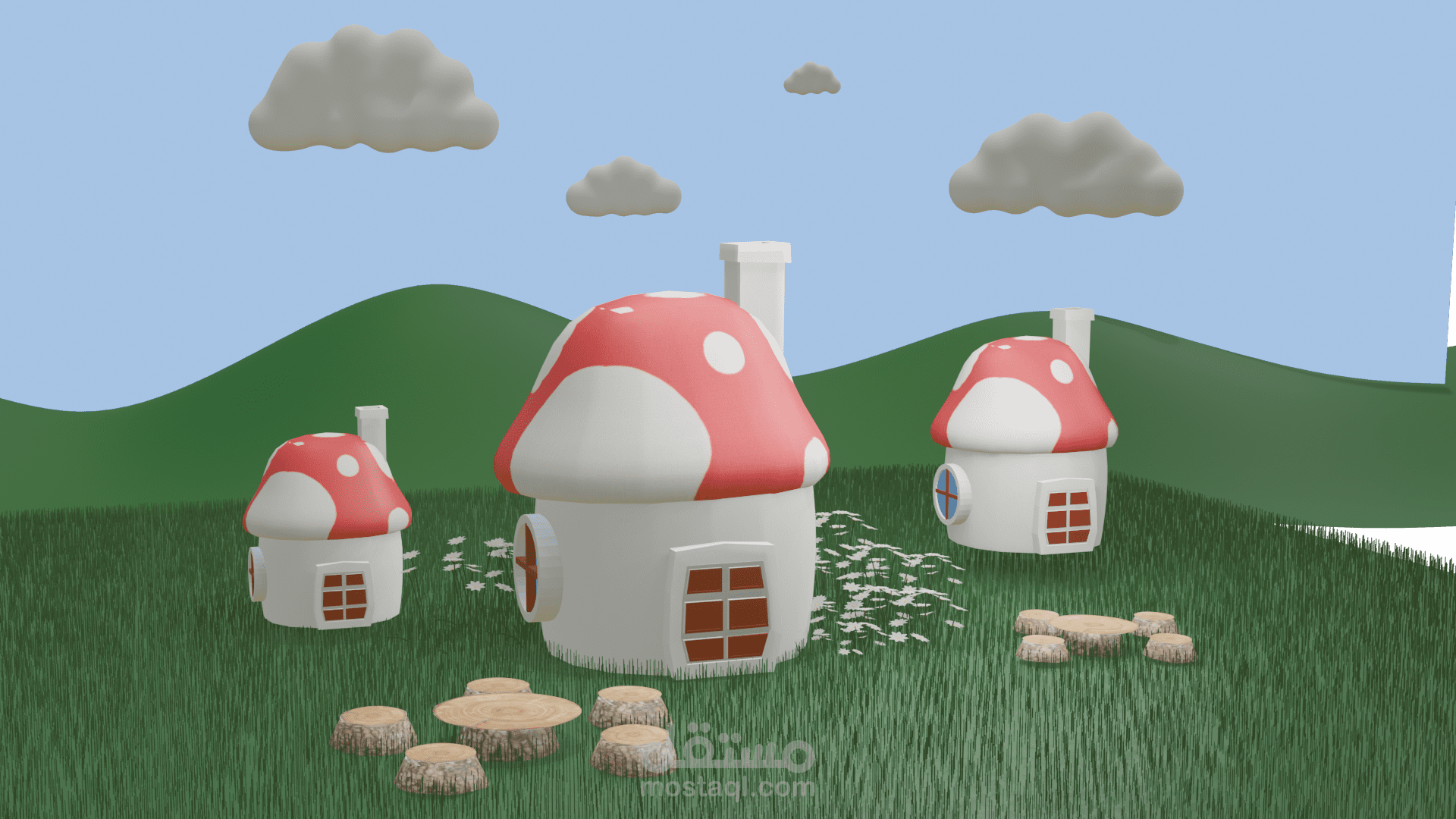 تصميم مشهد فانتازي ثلاثي الأبعاد لقرية فطر بأسلوب Low Poly باستخدام Blender