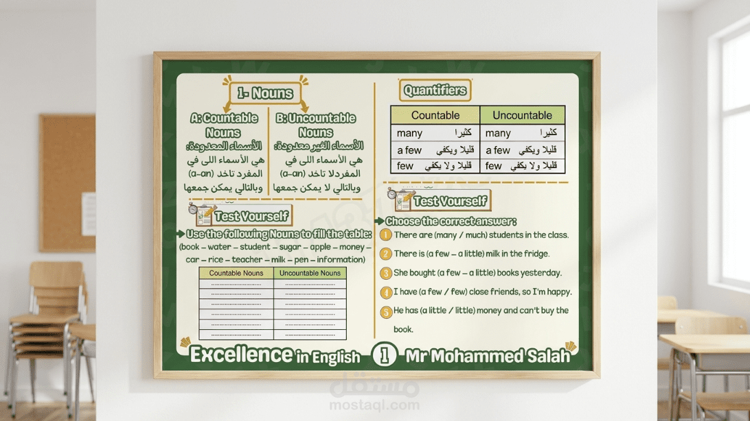تصميم وتنسيق بوسترات ومذكرات لغة إنجليزية تفاعلية (English Grammar Sheets)