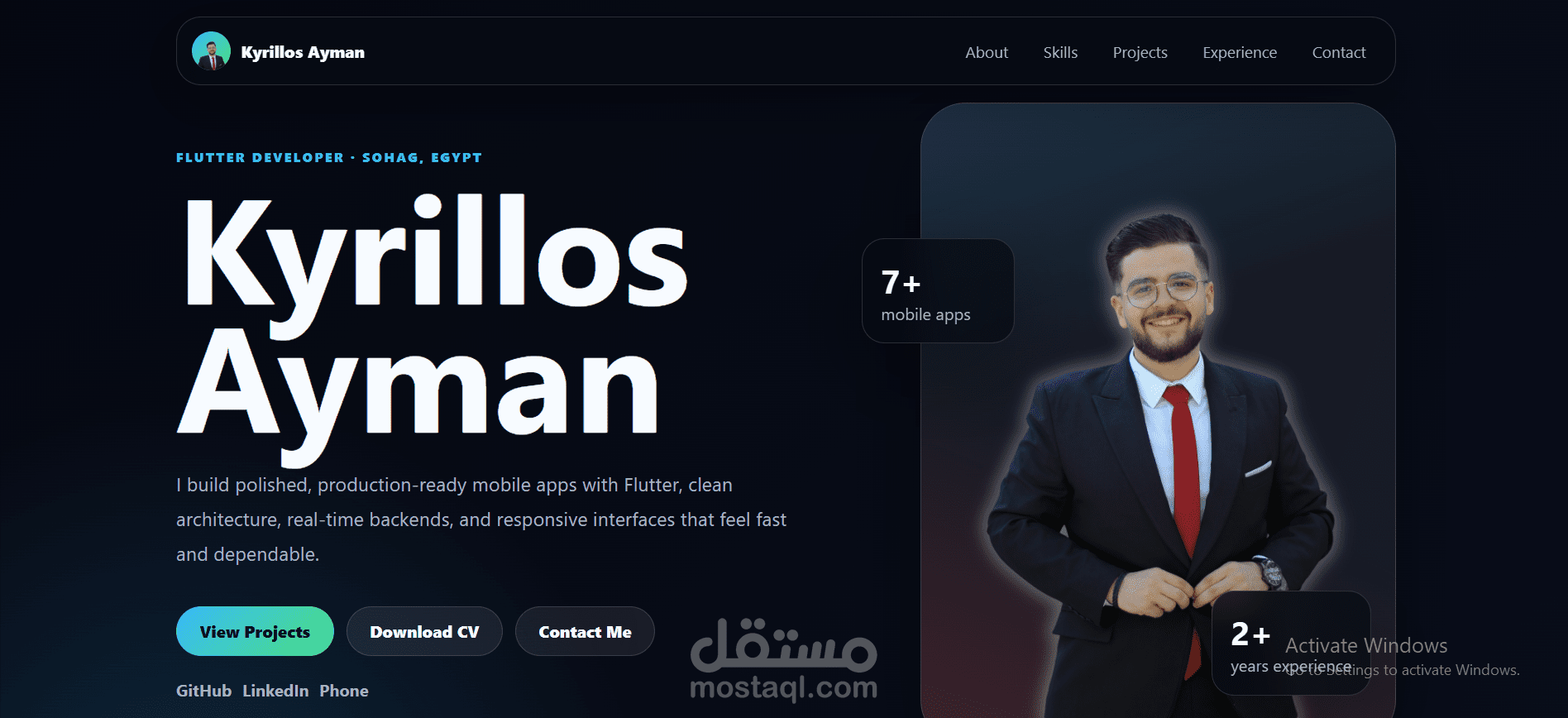 موقع بورتفوليو شخصي لمطور Flutter