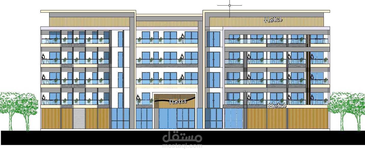 تصميم واجهة فندق بشكل عصري لمشروع طالبة هندسة معمارية