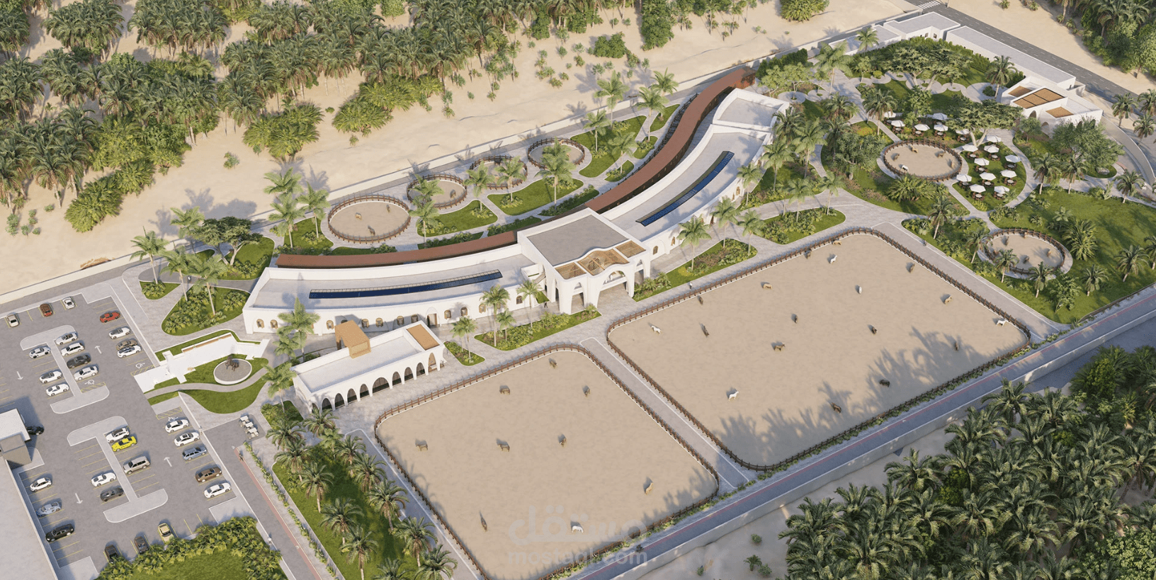 تصميم ثلاثي الأبعاد واقعي لإسطبل خيول داخل مجمع متكامل