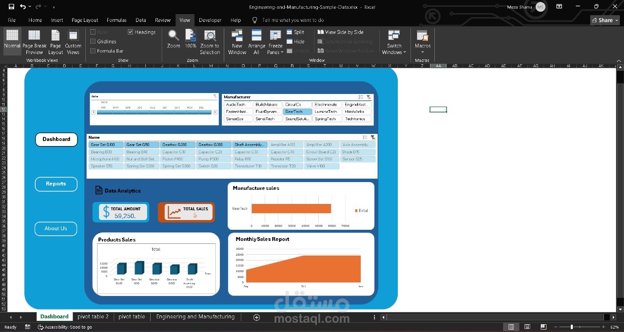لوحة تحكم تفاعلية في Excel لتحليل البيانات والتقارير التجارية