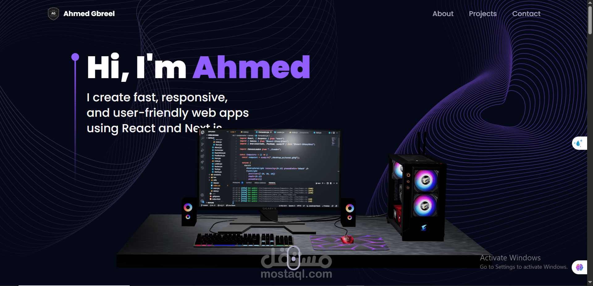 موقع شخصي ثلاثي الأبعاد تفاعلي باستخدام React, Framer Motion, Three.js