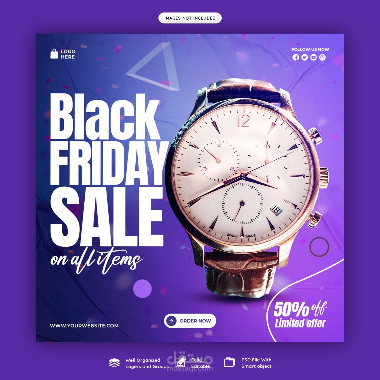 تصميم إعلان ترويجي لساعة كلاسيكية ضمن حملة Black Friday