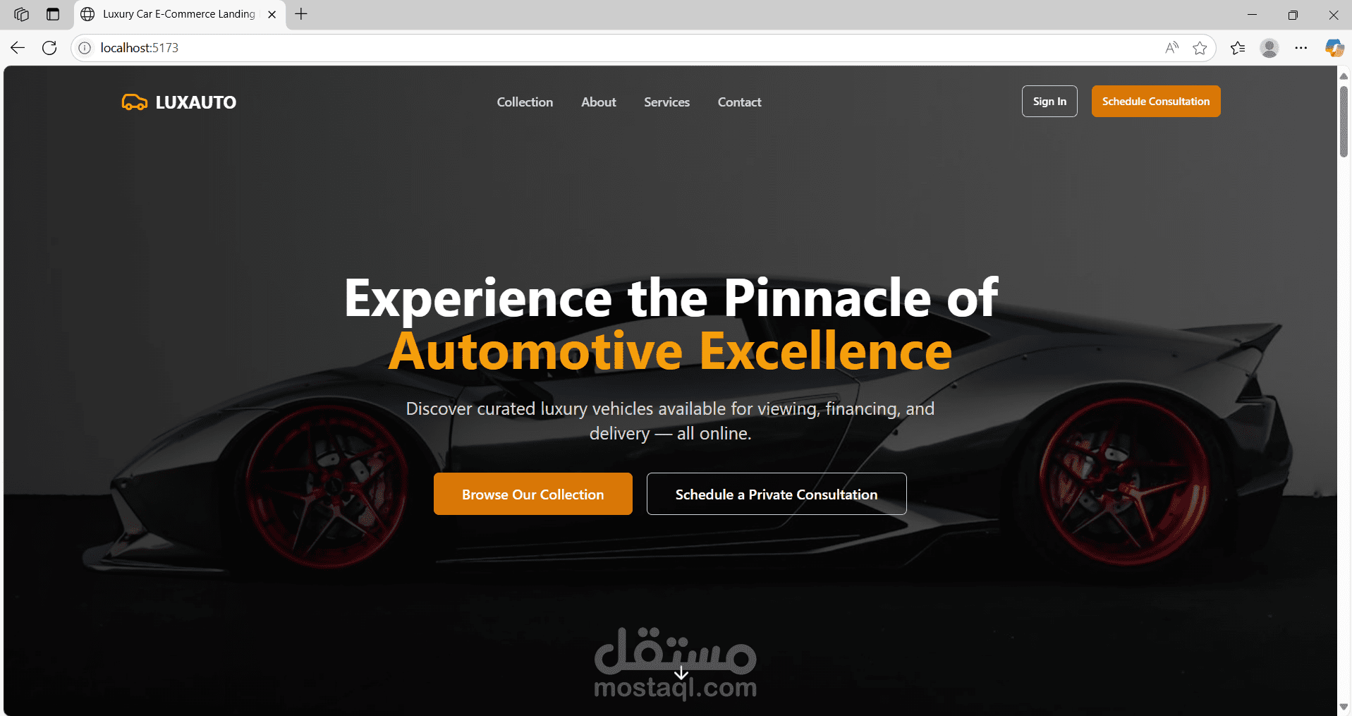 تصميم وتطوير صفحة Landing لمنصة تجارة السيارات الفاخرة عبر الإنترنت (LuxAuto)