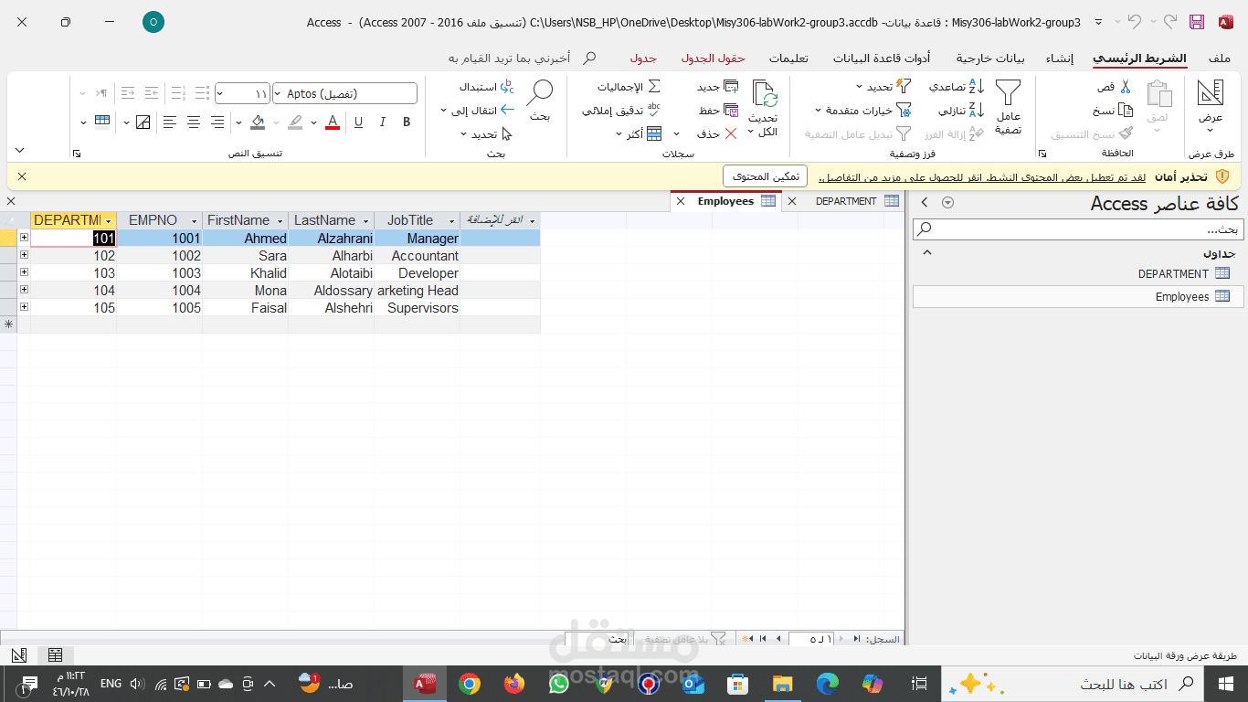 تحليل معلومات الموظفين برنامج access