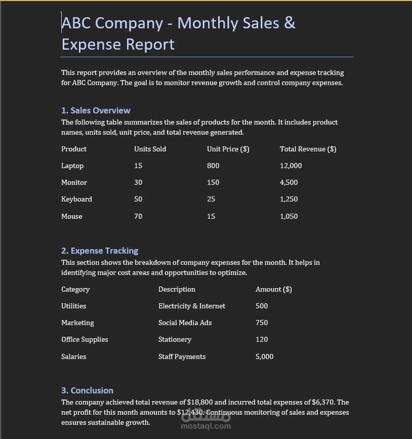 تقرير مبيعات ومصروفات شهري لشركة ABC company(مايكروسوفت اوفيس)