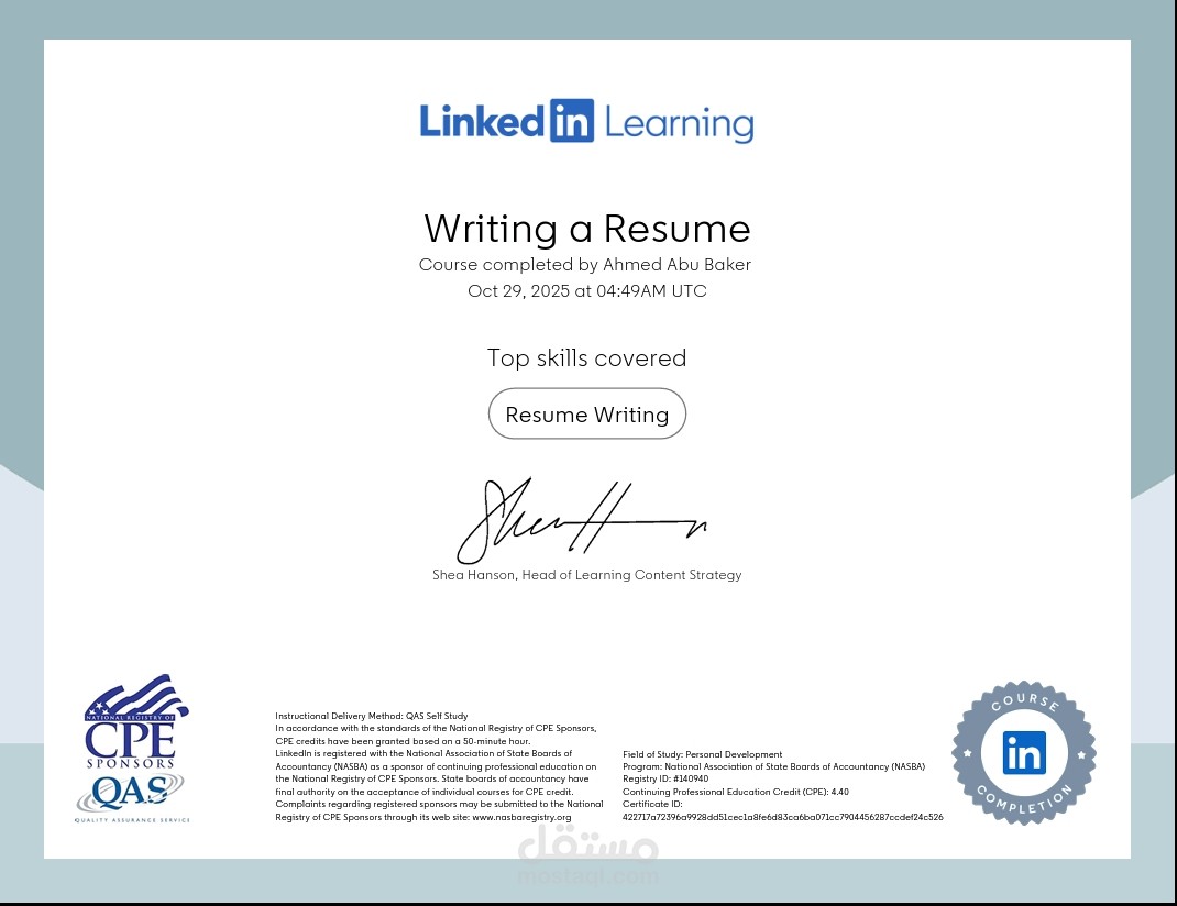 شهادة معتمدة LinkedIn Learning – CV Writing