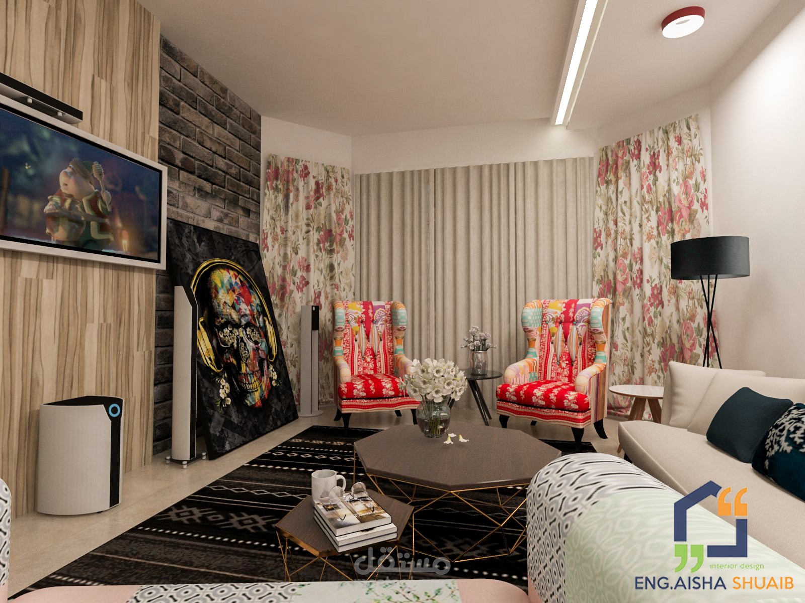 تصميم غرفة معيشه مع مطبخ