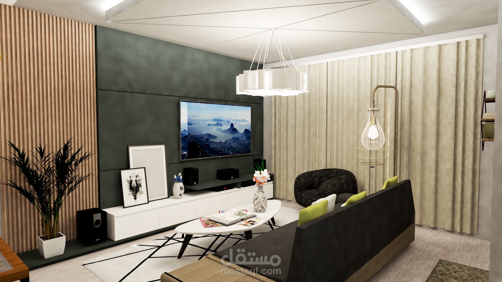 غرفة معيشة مع مطبخ