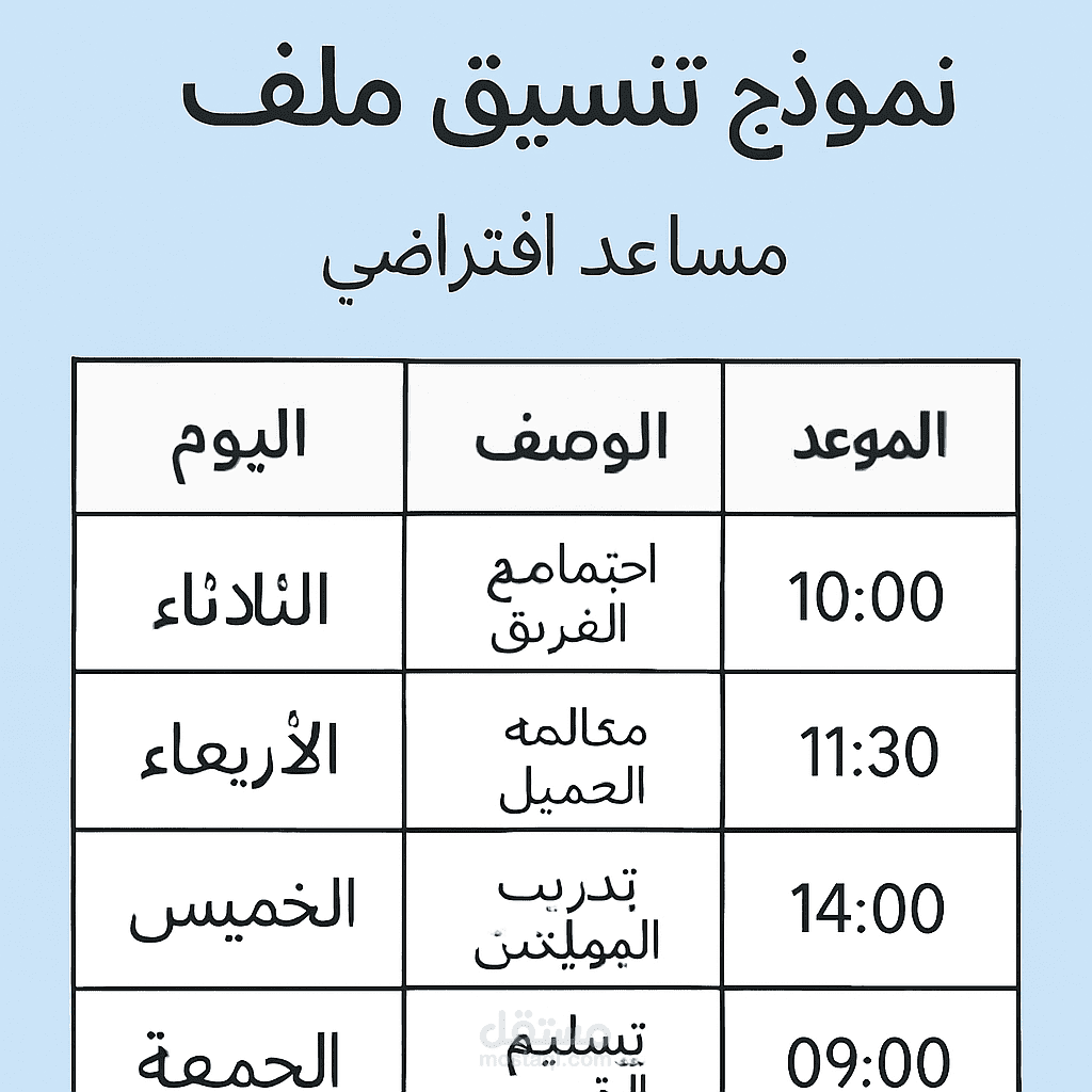 نموذج تنسيق ملف مواعيد - مساعد افتراضي