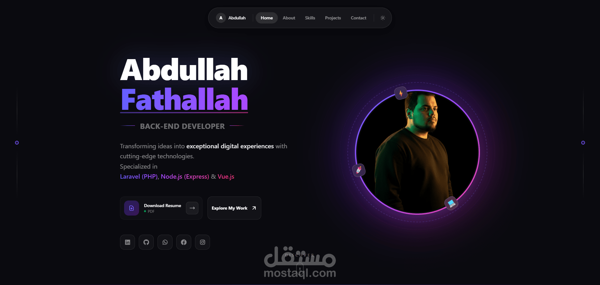 موقع شخصي احترافي Portfolio يعرض المهارات وأبرز الأعمال بتصميم عصري ومتجاوب