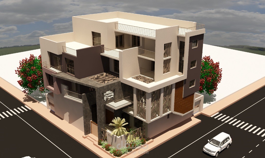 عمارة سكنية من ثلاث طوابق ,بالسودان - الخرطوم- الطابق الارضي والاول فيلا, والطوابق الثاني والثالث شقق سكنية.