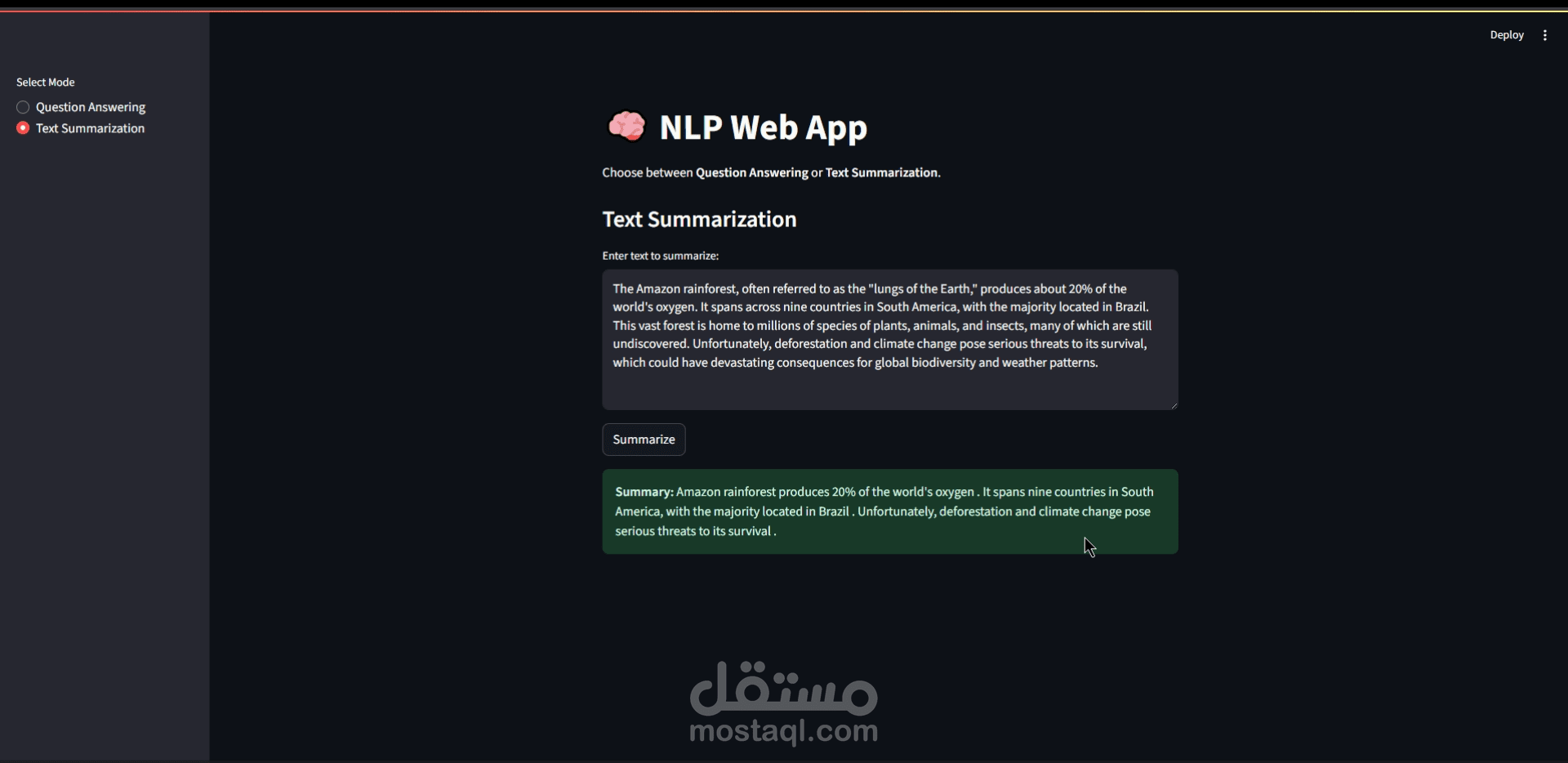 تطبيق ويب لتلخيص النصوص والإجابة عن الأسئلة