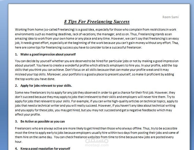 كتابة مقالة بعنوان: 8 Tips For Freelancing Success