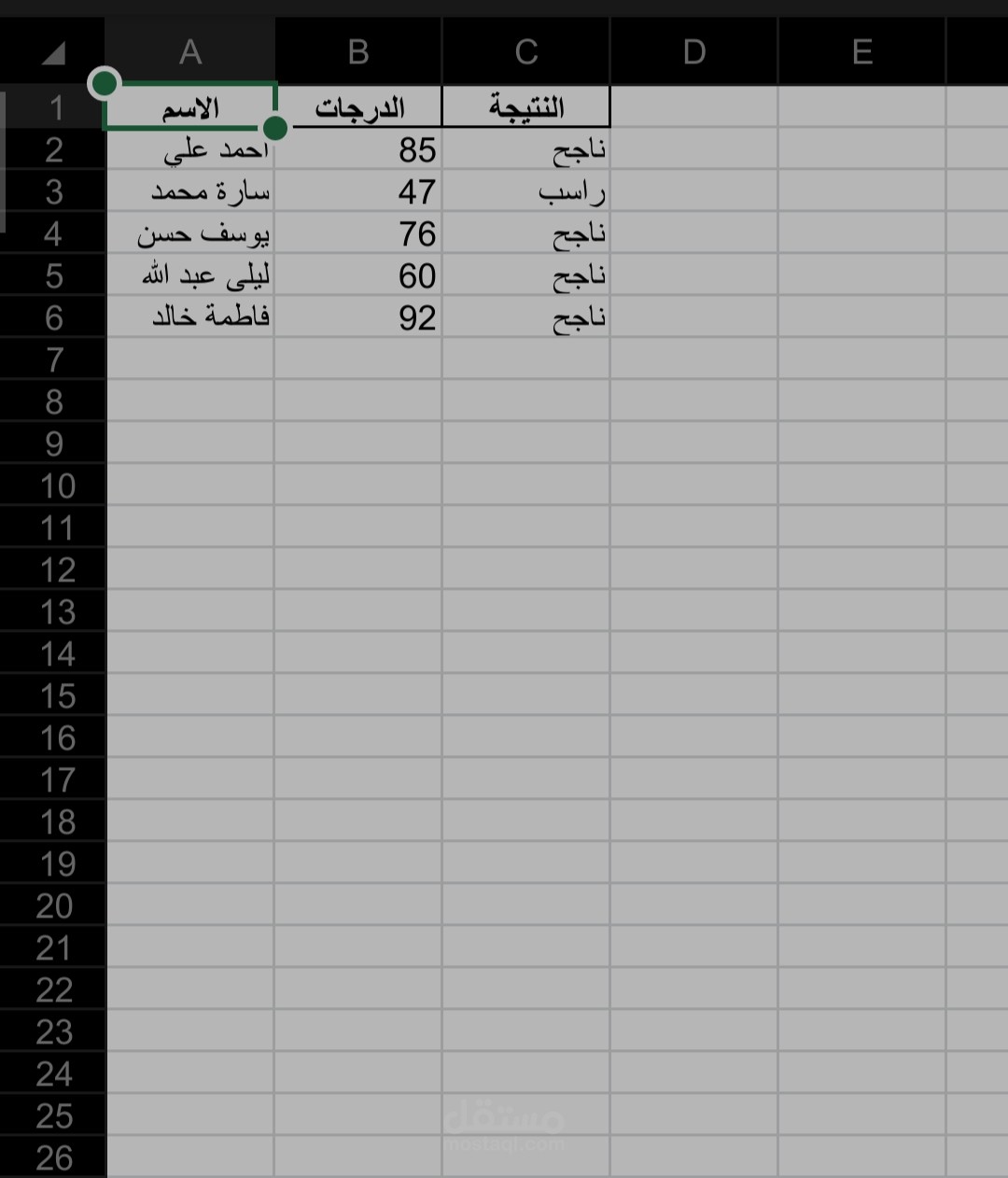 نموذج Excel لاستخدام دوال شرطية IF وCOUNTIF لتقييم الأداء