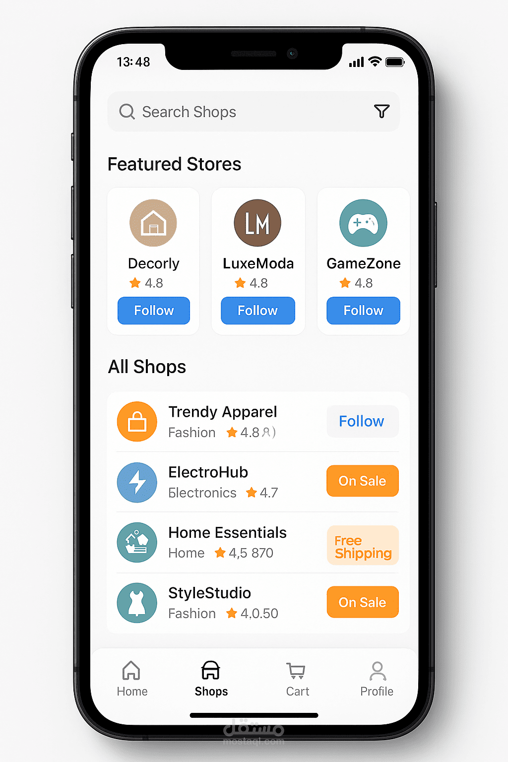 تطبيق متخصصة في بيع المنتجات E commerce app