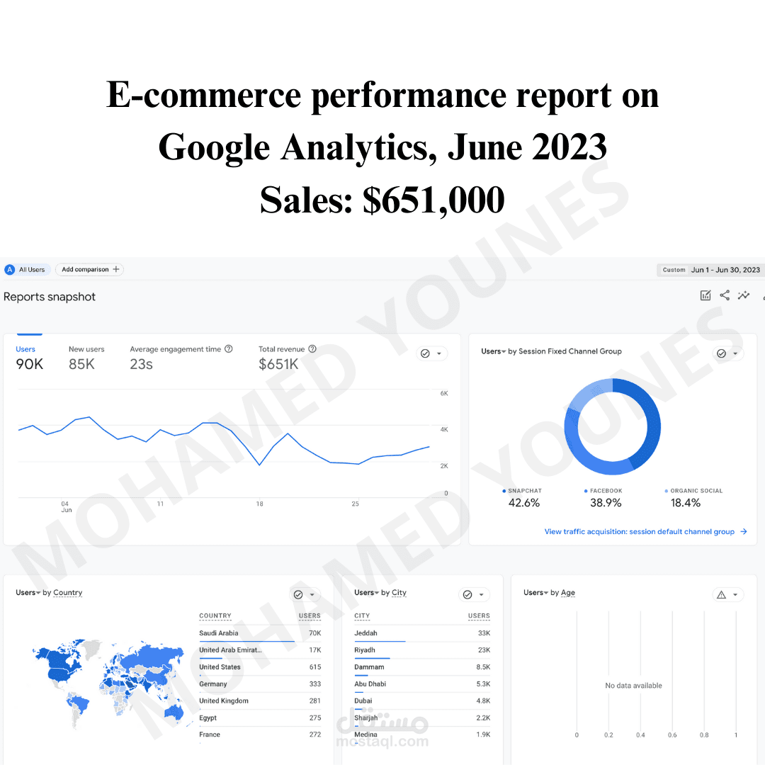 E-commerce performance report on Google Analytics, June 2023 Sales: $651,000