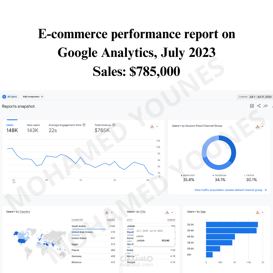 E-commerce performance report on Google Analytics, July 2023 Sales: $785,000